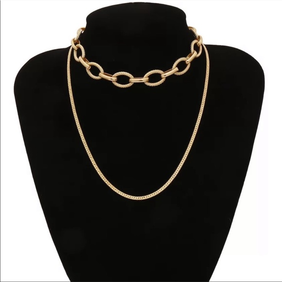 NEW 18K DOUBLE LAYERED LINK CHAIN CHOKER NECKLACE - Picture 5 of 6